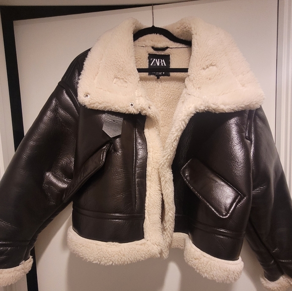 Zara Faux leather fleece collar jacket, size XL, dark brown - Picture 1 of 7